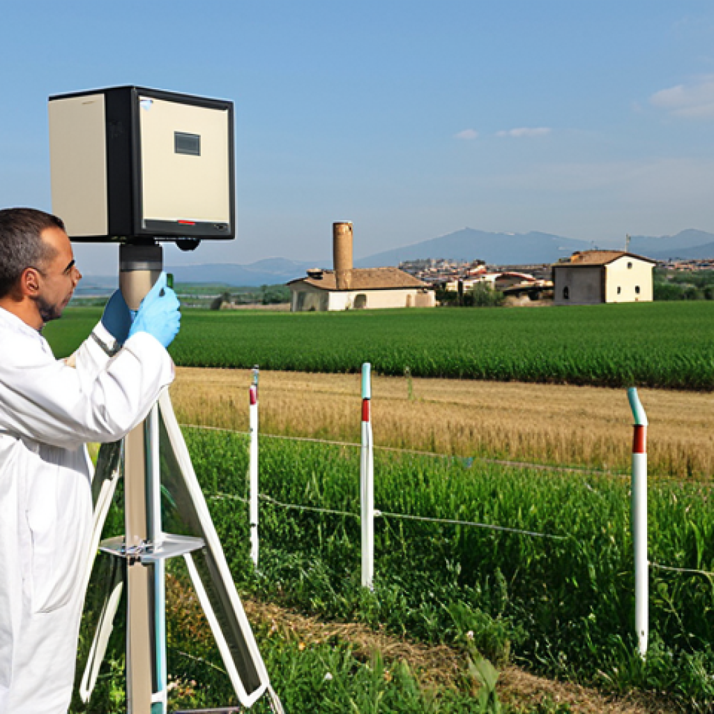**

Prompt: "Environmental monitoring station in Lombardy, Italy. Technicians collecting air samples near farmland, showcasing advanced air quality sensors and data analysis equipment. Focus on accuracy and protecting citizen health. Italian countryside backdrop, emphasis on public health initiative."

**