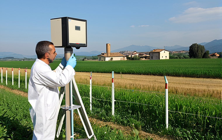 **

Prompt: "Environmental monitoring station in Lombardy, Italy. Technicians collecting air samples near farmland, showcasing advanced air quality sensors and data analysis equipment. Focus on accuracy and protecting citizen health. Italian countryside backdrop, emphasis on public health initiative."

**