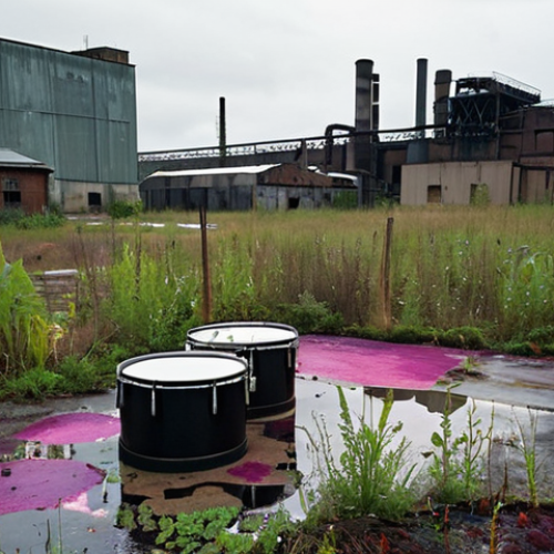 **Abandoned industrial site:**  "A derelict paint factory, showing colorful stains on the ground, scattered drums, and overgrown weeds. Focus on the signs of potential soil and groundwater contamination, with an ominous, slightly surreal atmosphere. Overcast lighting."