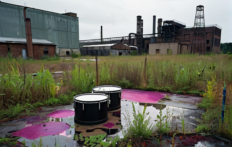 **Abandoned industrial site:**  "A derelict paint factory, showing colorful stains on the ground, scattered drums, and overgrown weeds. Focus on the signs of potential soil and groundwater contamination, with an ominous, slightly surreal atmosphere. Overcast lighting."