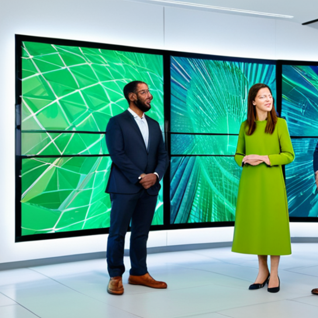 A diverse group of professional individuals, male and female, in a modern, brightly lit innovation hub. They are dressed in elegant, modest business attire in a color palette of greens, blues, and grays, looking forward with confident and optimistic expressions. Large digital displays in the background show abstract, dynamic data visualizations related to economic growth and environmental progress. The overall atmosphere is one of collaboration, future-focus, and cutting-edge sustainability. Professional photography, high resolution, soft studio lighting, vibrant colors, safe for work, appropriate content, fully clothed, professional, perfect anatomy, correct proportions, natural pose, well-formed hands, proper finger count, natural body proportions.