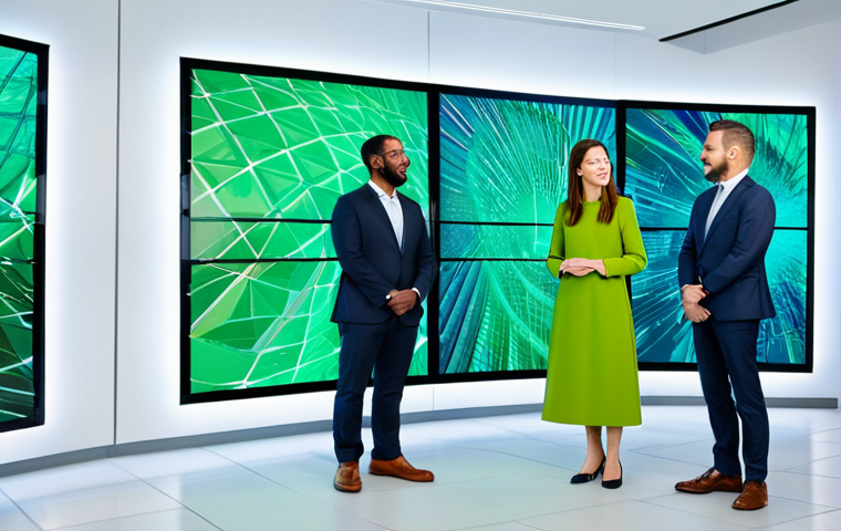 A diverse group of professional individuals, male and female, in a modern, brightly lit innovation hub. They are dressed in elegant, modest business attire in a color palette of greens, blues, and grays, looking forward with confident and optimistic expressions. Large digital displays in the background show abstract, dynamic data visualizations related to economic growth and environmental progress. The overall atmosphere is one of collaboration, future-focus, and cutting-edge sustainability. Professional photography, high resolution, soft studio lighting, vibrant colors, safe for work, appropriate content, fully clothed, professional, perfect anatomy, correct proportions, natural pose, well-formed hands, proper finger count, natural body proportions.