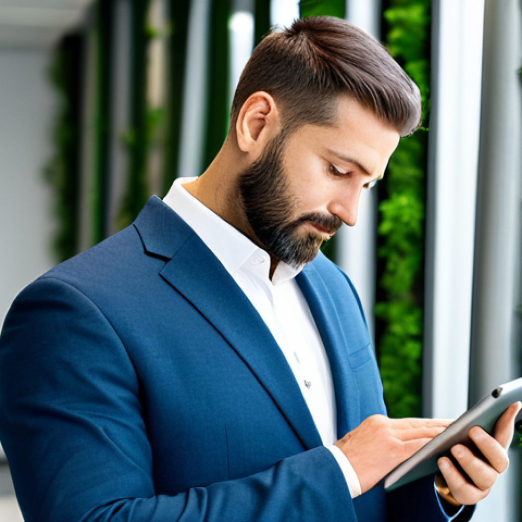 A professional individual, fully clothed in a modest business suit, thoughtfully reviewing digital sustainability reports on a tablet within a bright, modern office environment. Subtle green plants are visible in the background, hinting at an environmental focus. The subject appears focused and contemplative, with a natural pose and perfect anatomy, well-formed hands, and correct proportions. The image conveys a sense of expertise and the bridge between traditional skills and new environmental competencies. This is a professional photography, high-quality image, safe for work, appropriate content, and family-friendly.