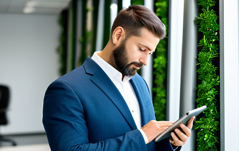A professional individual, fully clothed in a modest business suit, thoughtfully reviewing digital sustainability reports on a tablet within a bright, modern office environment. Subtle green plants are visible in the background, hinting at an environmental focus. The subject appears focused and contemplative, with a natural pose and perfect anatomy, well-formed hands, and correct proportions. The image conveys a sense of expertise and the bridge between traditional skills and new environmental competencies. This is a professional photography, high-quality image, safe for work, appropriate content, and family-friendly.