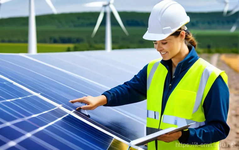 환경 직업군별 업무 사례 - **Prompt 1: Renewable Energy Pioneers at Work**
A dynamic and brightly lit scene depicting a div...