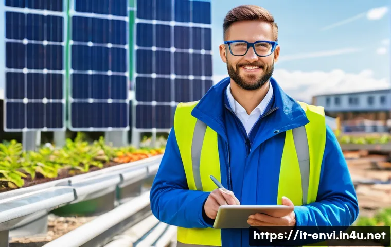 환경 관련 자격증 종류 - A professional environmental engineer in Italy, wearing smart business casual attire with safety gla...