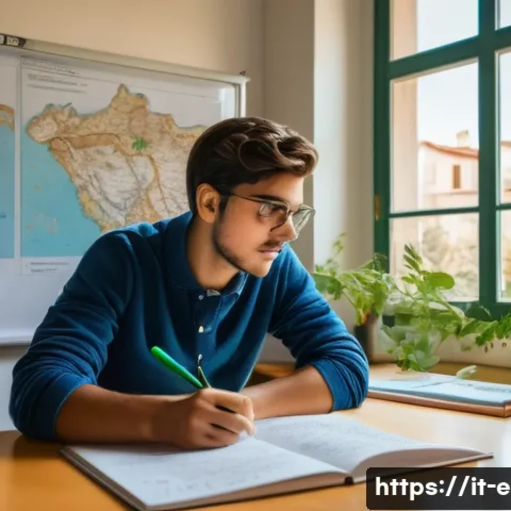환경직 시험 과목별 난이도 - A detailed study scene of an Italian environmental science student in a cozy, well-lit room filled w...