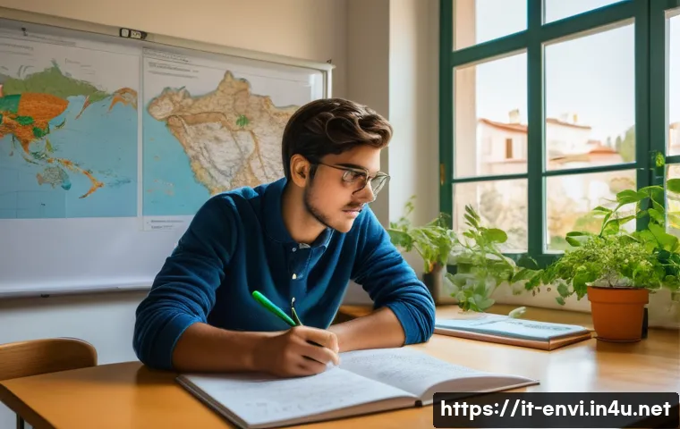 환경직 시험 과목별 난이도 - A detailed study scene of an Italian environmental science student in a cozy, well-lit room filled w...