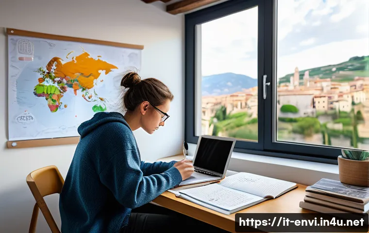 환경분야 시험 준비 꿀팁 - A focused young adult student studying environmental science at a cozy desk in a modern Italian apar...