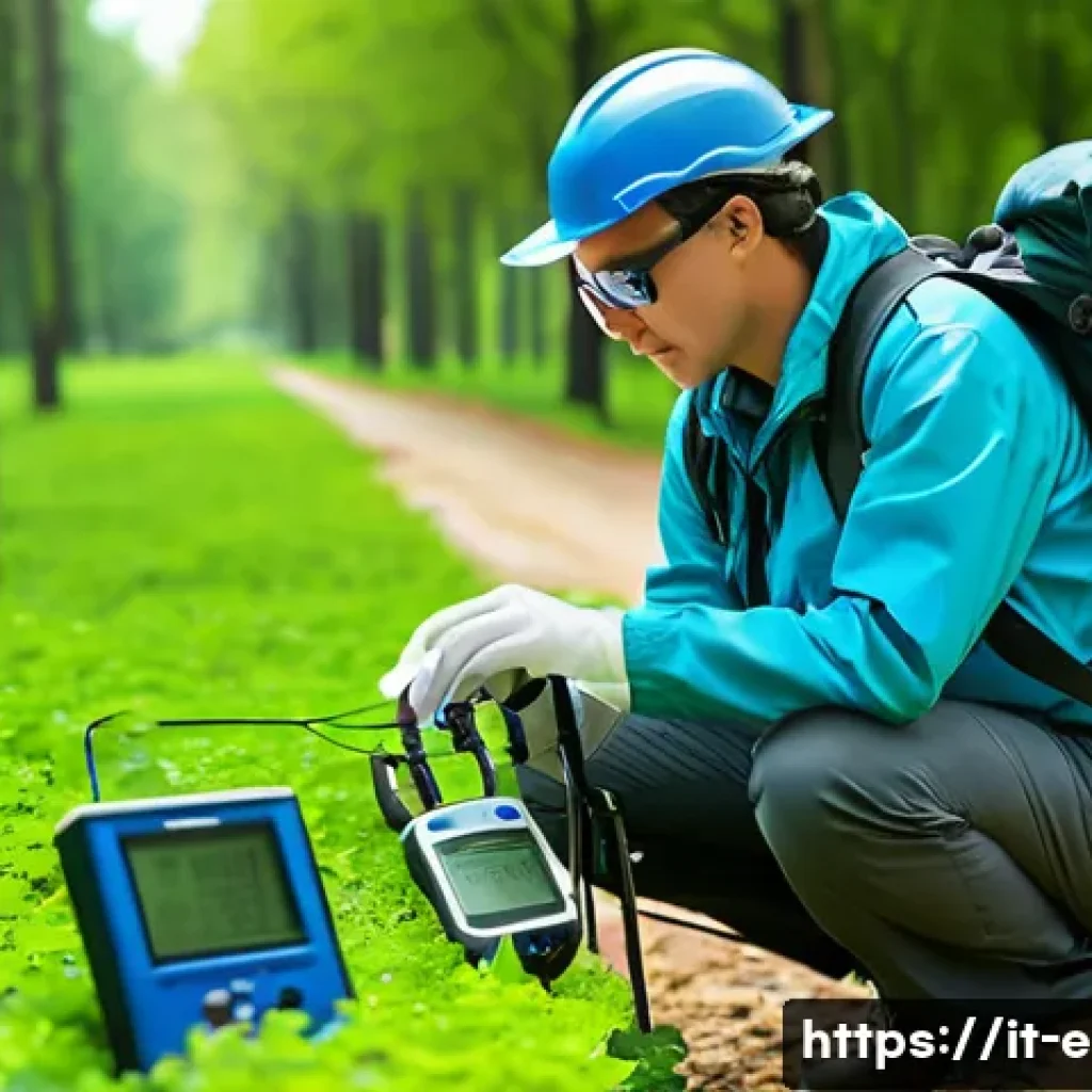 환경분야 실기시험 필수 준비물 - A detailed outdoor environmental fieldwork scene featuring a professional wearing breathable technic...