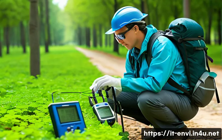 환경분야 실기시험 필수 준비물 - A detailed outdoor environmental fieldwork scene featuring a professional wearing breathable technic...