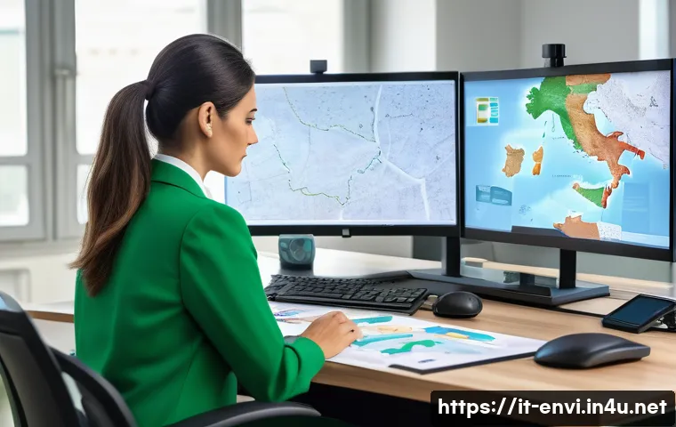 환경 공무원 이직 방법 - A professional Italian public environmental officer working in a modern government office, surrounde...