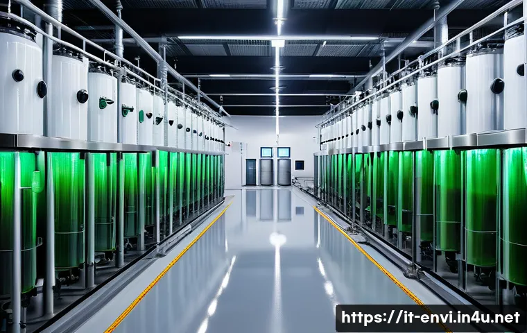 환경기술 실무 경험담 - A high-tech water treatment plant interior featuring advanced biological wastewater treatment tanks ...