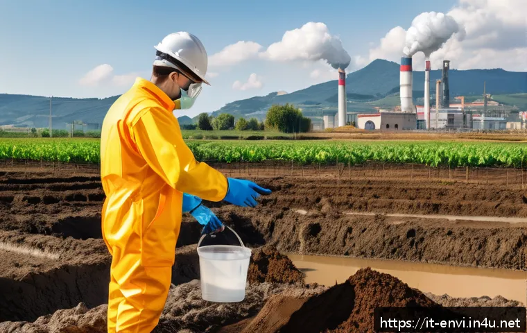 환경기사 필기 시험 과목 - A professional environmental technician in Italy wearing appropriate safety gear and protective clot...