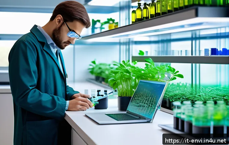 환경기술사와 공무원 비교 - A professional environmental engineer in a modern laboratory setting, wearing safety glasses and lab...
