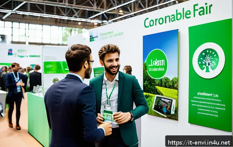 환경 관련 취업박람회 정보 - A vibrant scene at a green job fair in Milan, Italy, showcasing a diverse group of young professiona...