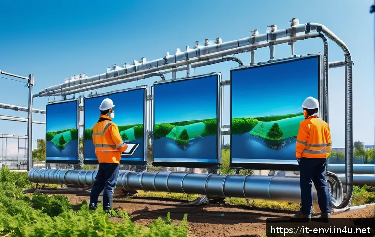 환경산업기사 실무 활용 사례 - A modern industrial area with workers installing IoT environmental sensors on metal structures and p...