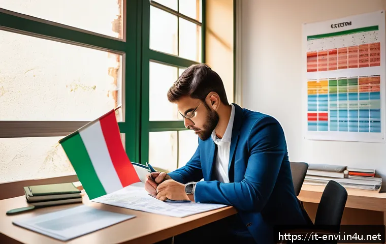 환경직 공무원 합격 사례 - A focused Italian public environmental exam candidate studying at a desk in a bright, modern room de...