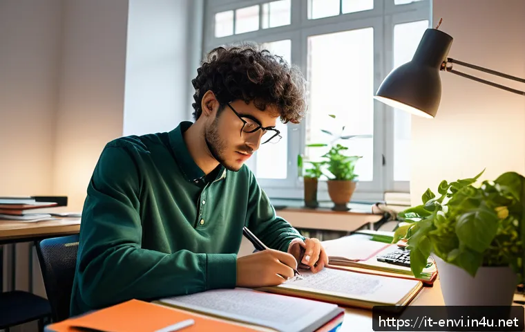 환경기술사 준비 자료 모음 - A focused Italian engineering student studying at a tidy desk filled with environmental engineering ...