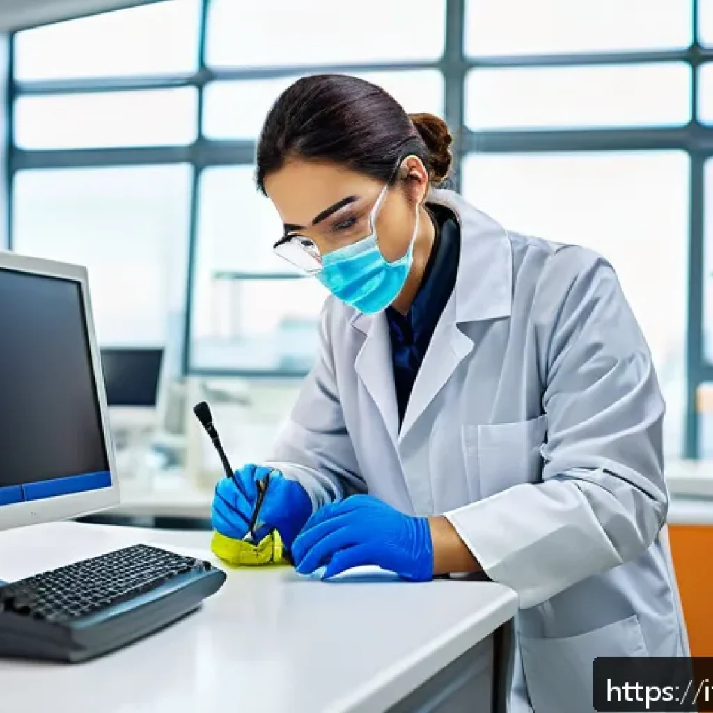 환경기술 실기시험 준비 계획 - A professional environmental technician wearing safety gloves and a lab coat, carefully calibrating ...