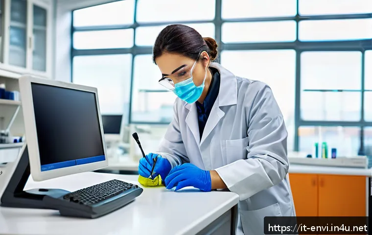 환경기술 실기시험 준비 계획 - A professional environmental technician wearing safety gloves and a lab coat, carefully calibrating ...
