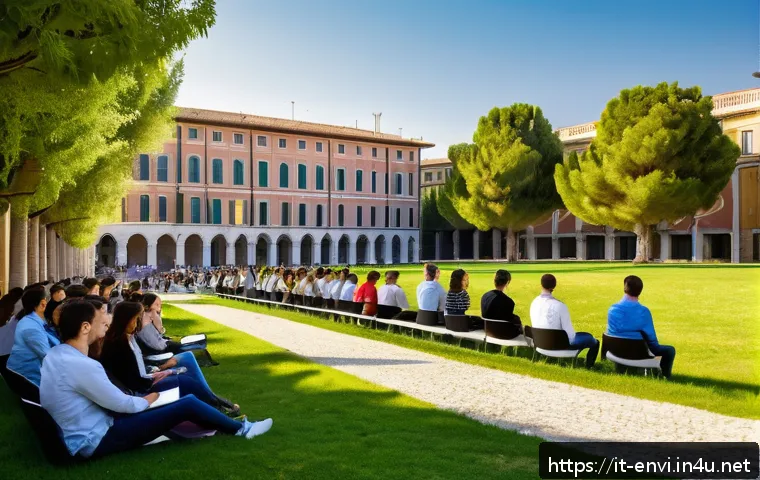 환경공학 자격증 취득 사례 - A modern university campus in Italy specializing in environmental engineering, showcasing students i...