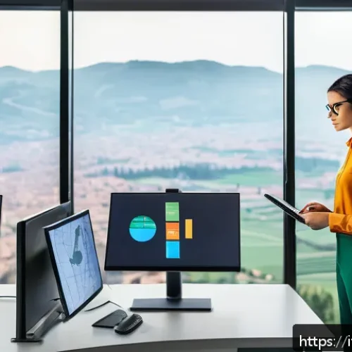환경기술사 시험 출제 경향 - A modern environmental technician working at a digital workstation filled with multiple screens disp...