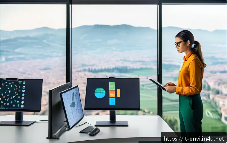 환경기술사 시험 출제 경향 - A modern environmental technician working at a digital workstation filled with multiple screens disp...